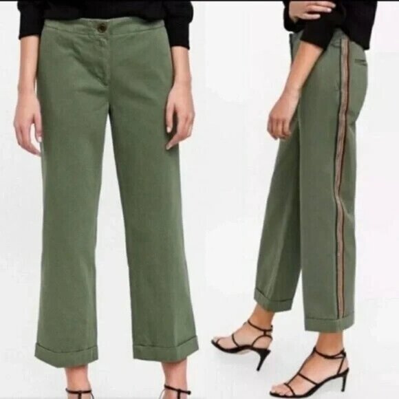 Zara Pants - ZARA WOMAN Green Smart Jogging Pant Chino Metallic Stripe Elastic Waist Cuffed 4